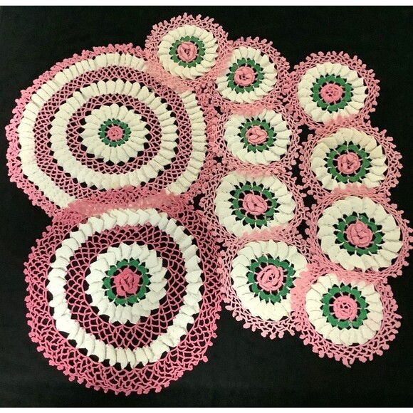 Other - Estate Set of 11 Vintage Doilies Hand Crocheted White Ruffles Pink Roses Cottage